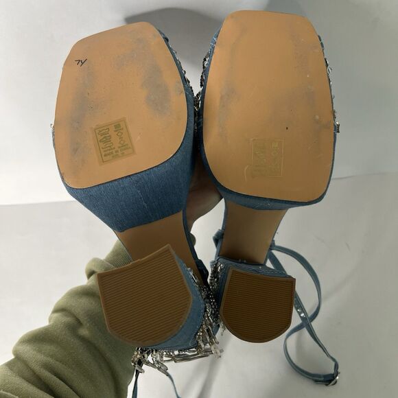 Azalea Wang Aberna Denim Rhinestone Chunky Heel Sandal Blue Size 10 Embellished - Picture 11 of 11